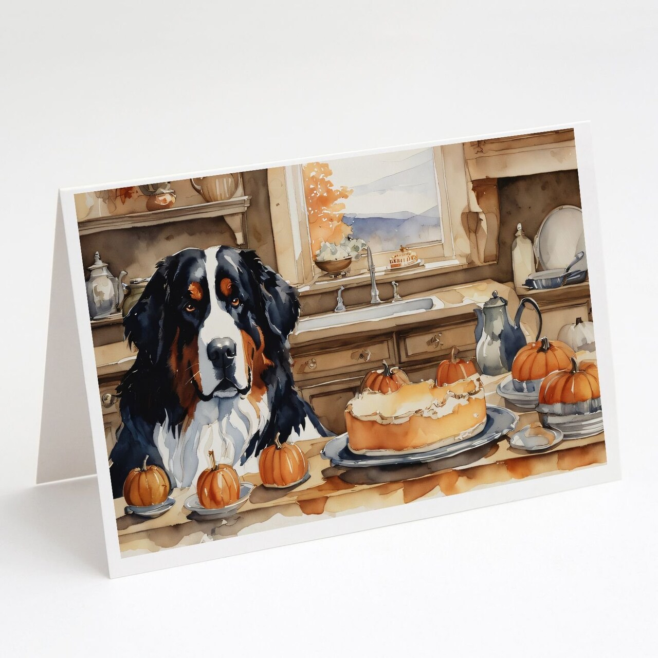 Edge Collections - 5" x 7" - Multicolor - Blank Bernese Mountain Dog Fall Kitchen Pumpkins Greeting Cards - 8 Pieces